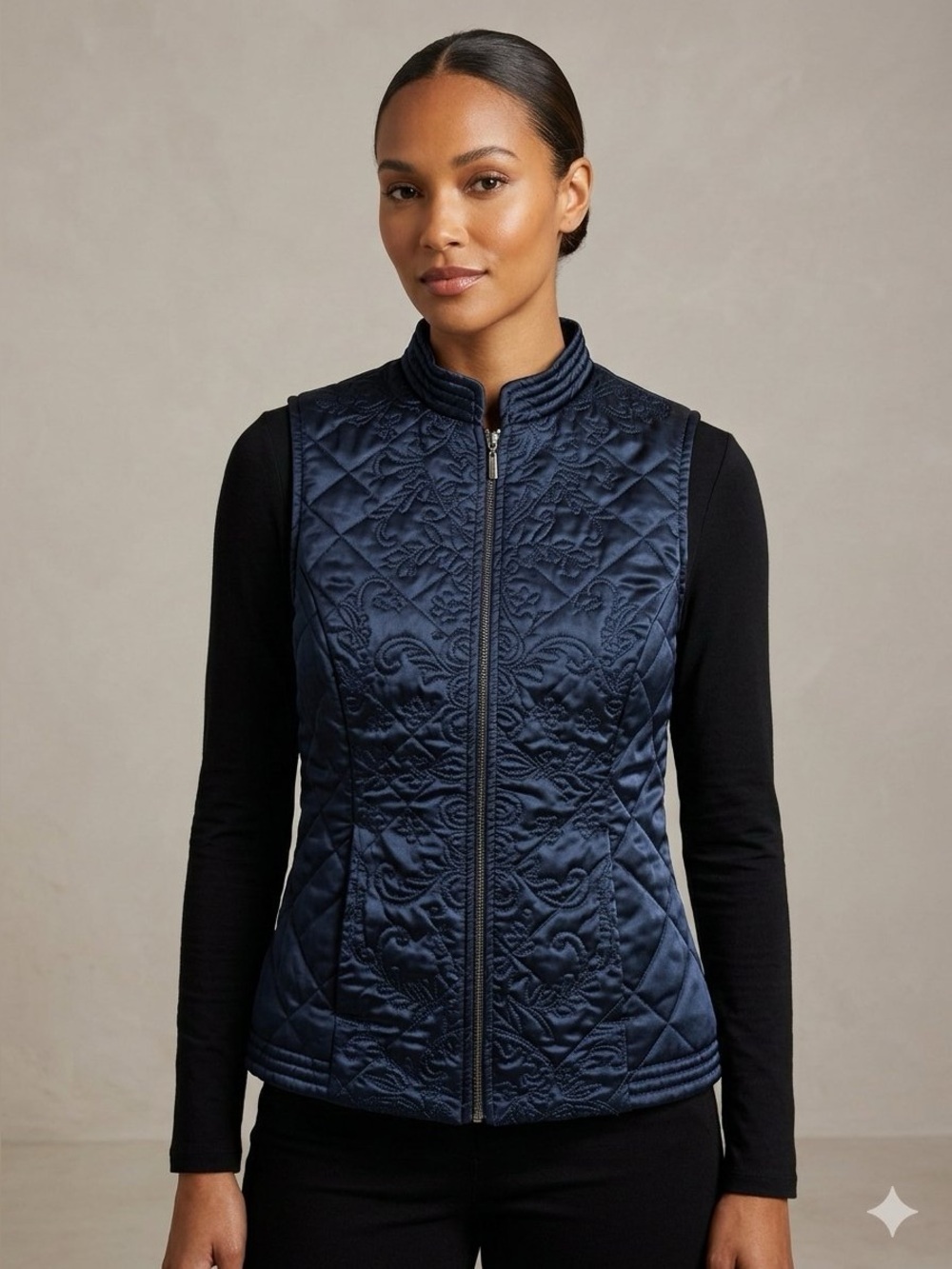 Black Quilted Vontage Embroidered Vest with Toggle Pull